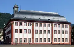 Старата сграда на Хайделбергския университет с часовникова кула, сив покрив и паркирани велосипеди пред фасадата