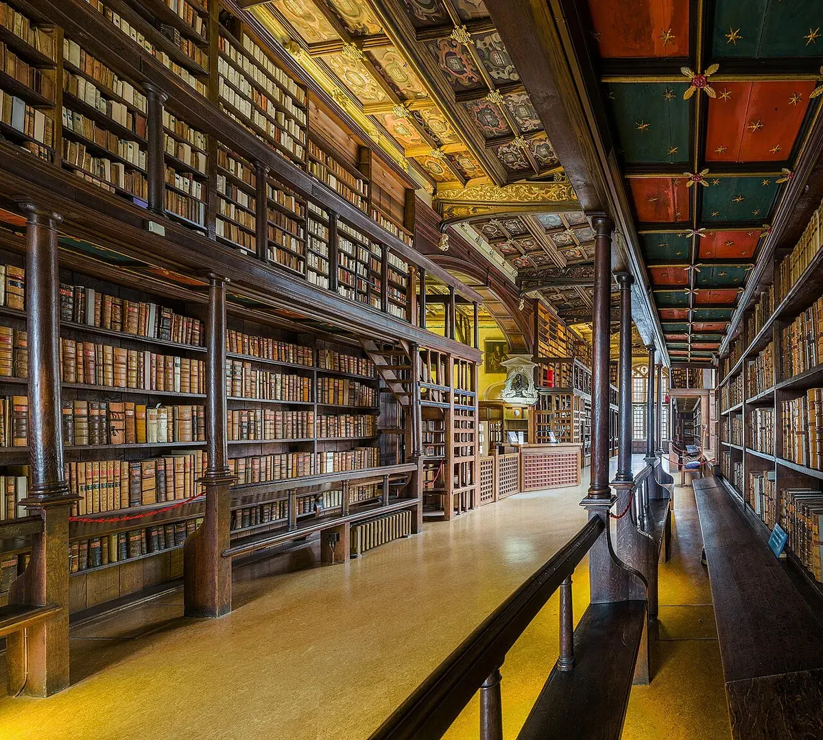 Интериор на стара библиотека с дървени рафтове, пълни с книги, и рисуван таван